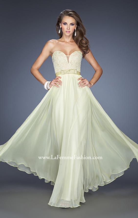 Picture of: Long Strapless Dress with Jeweled Lace and Bow Belt in Yellow, Style: 20046, Detail Picture 3