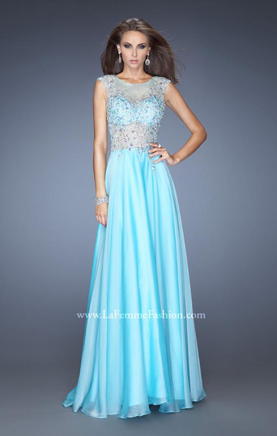 Picture of: Chiffon Prom Dress with Boat Neck and Cap Sleeves in Blue, Style: 20074, Main Picture
