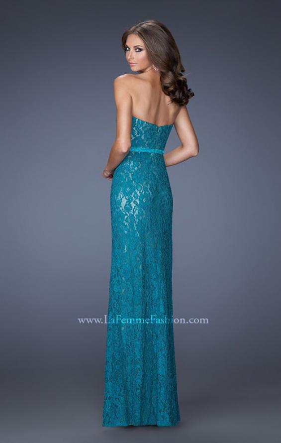 Picture of: Strapless Column Prom Dress with Lace Detail and Belt in Blue, Style: 20107, Back Picture