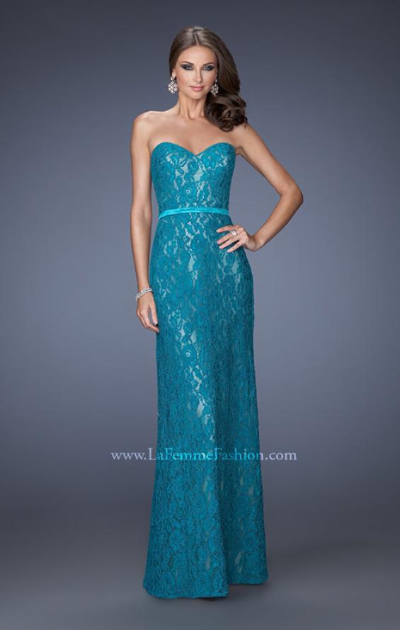 Picture of: Strapless Column Prom Dress with Lace Detail and Belt in Blue, Style: 20107, Detail Picture 1
