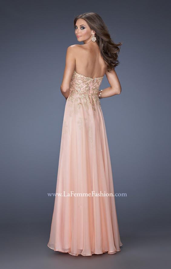 Picture of: Long Strapless Chiffon Prom Dress with Gold Jeweled Lace in Pink, Style: 20114, Back Picture