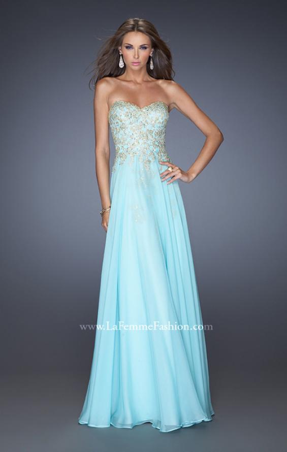 Picture of: Long Strapless Chiffon Prom Dress with Gold Jeweled Lace in Blue, Style: 20114, Detail Picture 1
