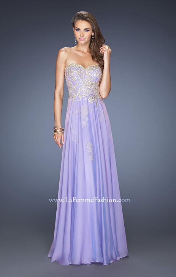 Picture of: Long Strapless Chiffon Prom Dress with Gold Jeweled Lace in Purple, Style: 20114, Detail Picture 2