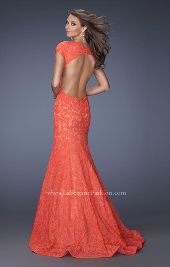 Picture of: Cap Sleeve Lace Mermaid Dress with Open Back in Orange, Style: 20117, Back Picture