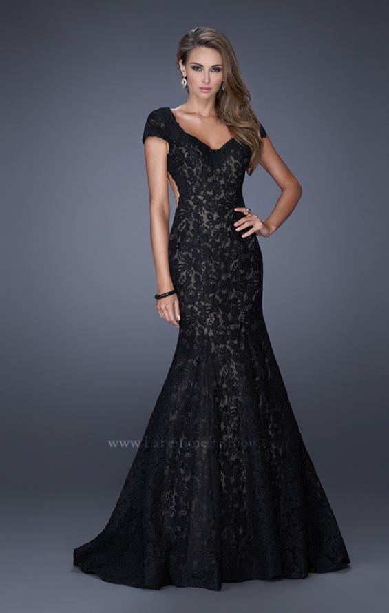 Picture of: Cap Sleeve Lace Mermaid Dress with Open Back in Black, Style: 20117, Detail Picture 3