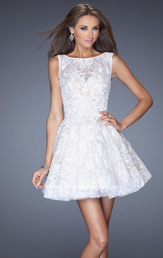 Picture of: Lace Cocktail Dress with High Boat Neck and Full Skirt in White, Style: 20244, Detail Picture 2