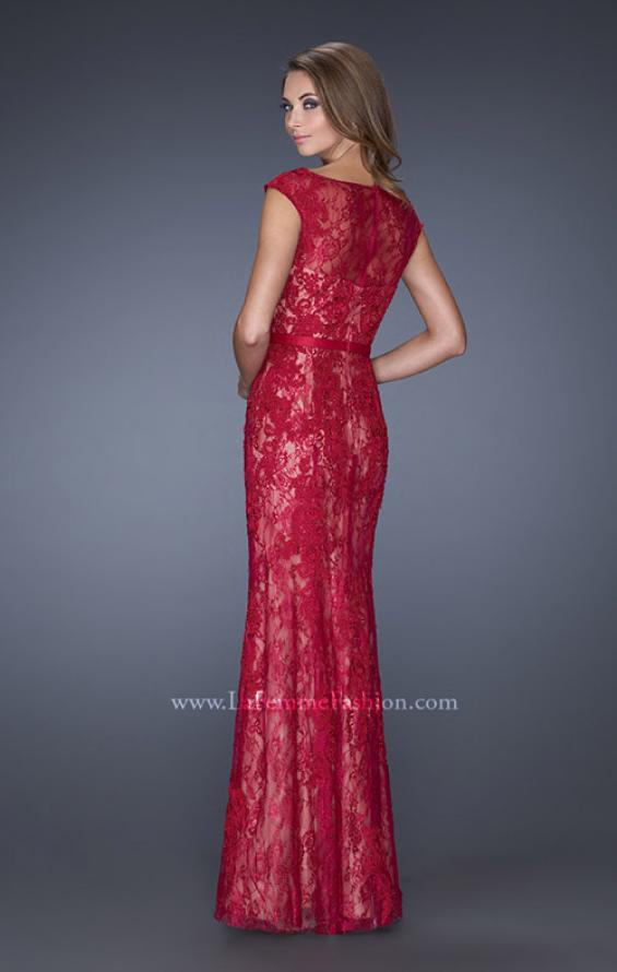 Picture of: Lace Evening Gown with Cap Sleeves and Ribbon Belt in Red, Style: 20394, Back Picture