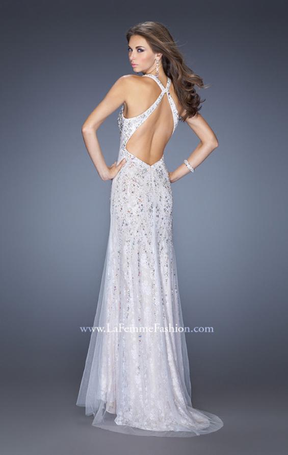 Picture of: V Neck Lace Prom Dress with Slit and Open Back in White, Style: 20421, Back Picture