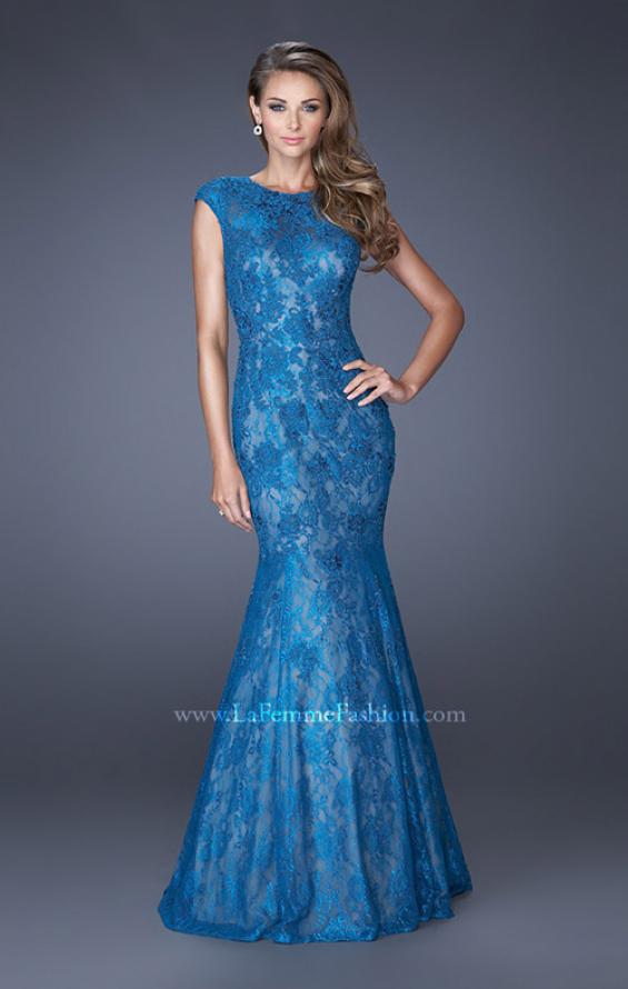 Picture of: Trumpet Style Gown with Sheer Lace Detailing in Blue, Style: 20427, Main Picture