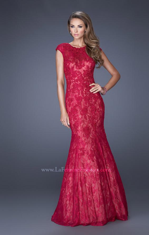 Picture of: Trumpet Style Gown with Sheer Lace Detailing in Red, Style: 20427, Detail Picture 2