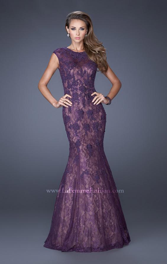 Picture of: Trumpet Style Gown with Sheer Lace Detailing in Purple, Style: 20427, Detail Picture 3