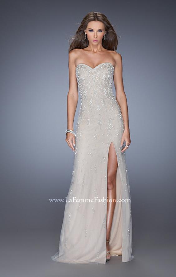 Picture of: Long Prom Dress with Pearl and Rhinestone Detail in Nude, Style: 20442, Main Picture