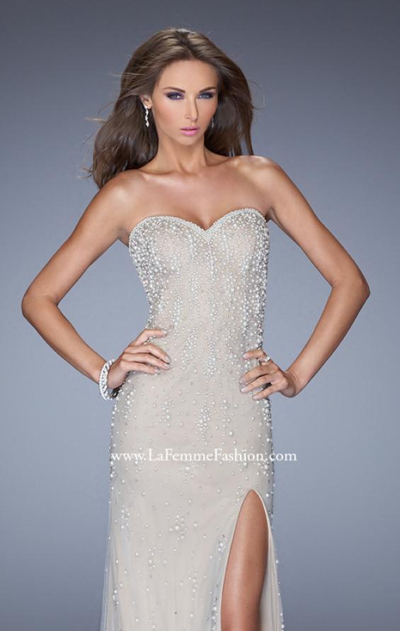 Picture of: Long Prom Dress with Pearl and Rhinestone Detail in Nude, Style: 20442, Detail Picture 1