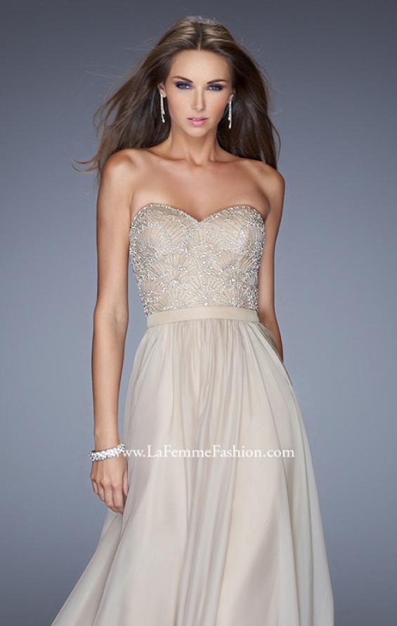 Picture of: Long Strapless Chiffon Prom Gown with Embellishments in Nude, Style: 20447, Detail Picture 5