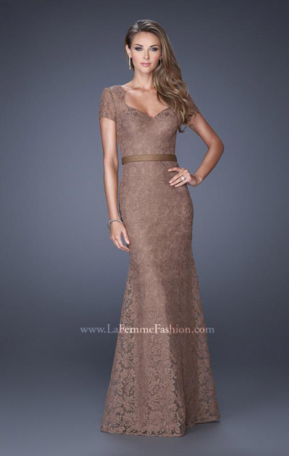 Picture of: Cap Sleeve Lace Evening Dress with Belted Waist in Brown, Style: 20464, Detail Picture 1