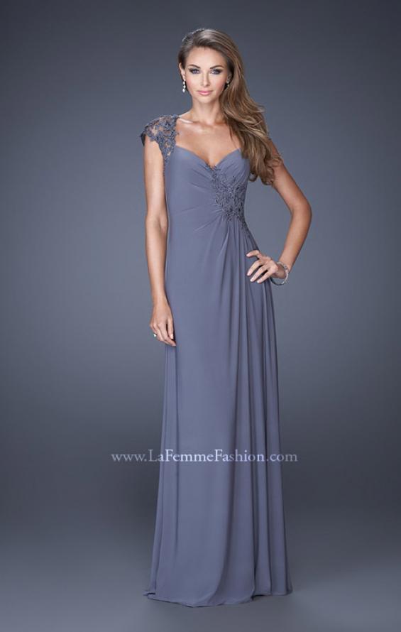 Picture of: Evening Gown with Lace, Ruching, and Cap Sleeves in Silver, Style: 20487, Detail Picture 2