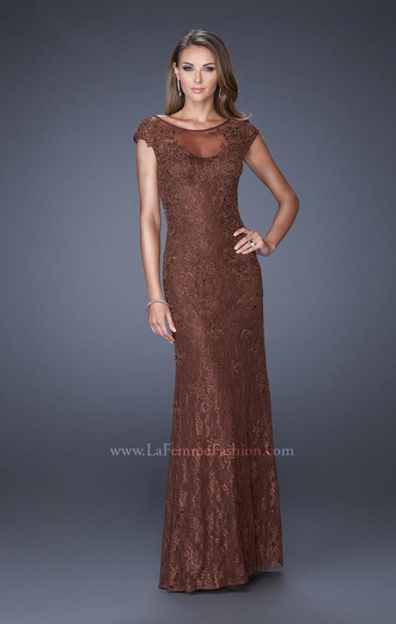 Picture of: Long Lace Evening Dress with Cap Sleeves in Brown, Style: 20490, Detail Picture 1