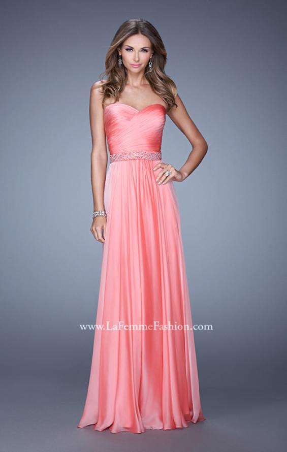 Picture of: Long Chiffon Dress with Ruched Detail and Embellishments in Orange, Style: 20527, Detail Picture 2