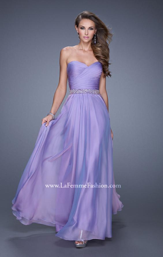 Picture of: Long Chiffon Dress with Ruched Detail and Embellishments in Purple, Style: 20527, Detail Picture 4