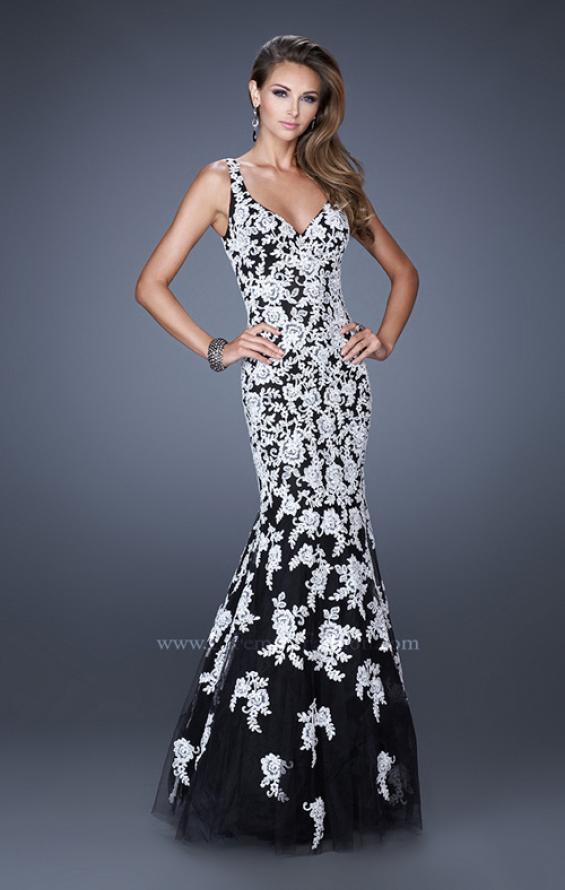 Picture of: Long V Neck Mermaid Prom Dress with Lace Appliques in White Black, Style: 20556, Main Picture