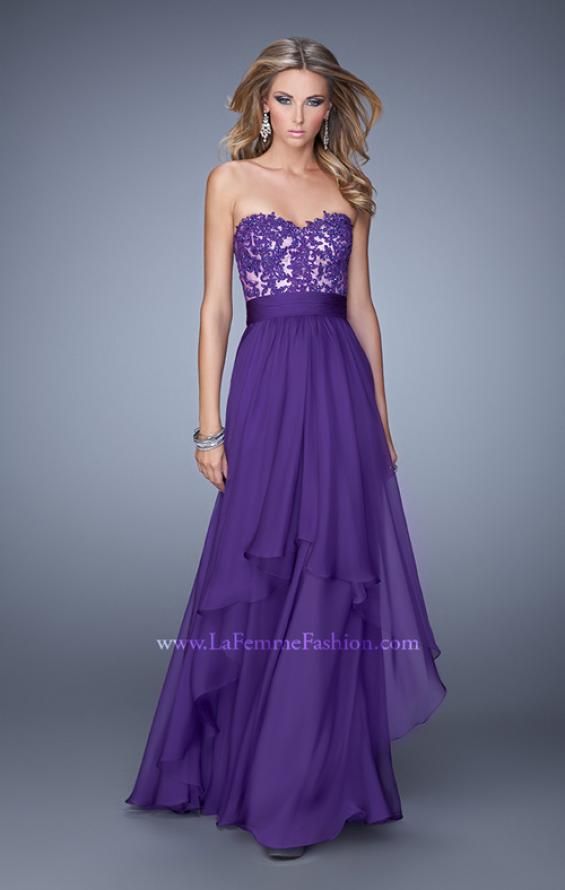 Picture of: Long Chiffon Dress with Tiered Skirt and Jeweled Lace in Purple, Style: 20557, Detail Picture 3