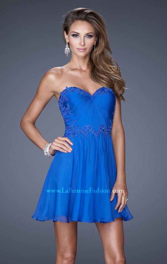 Picture of: Strapless Short Chiffon Dress with Front Gathering in Blue, Style: 20573, Detail Picture 1