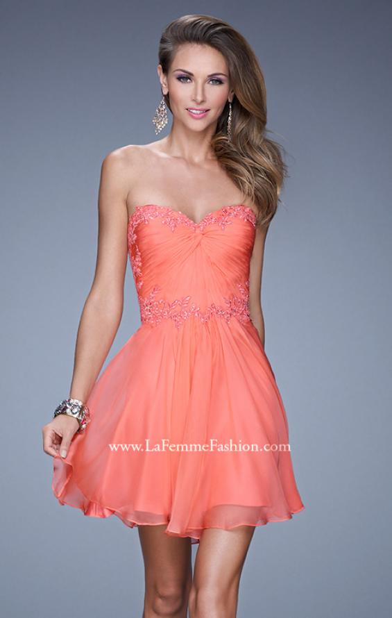 Picture of: Strapless Short Chiffon Dress with Front Gathering in Orange, Style: 20573, Detail Picture 2