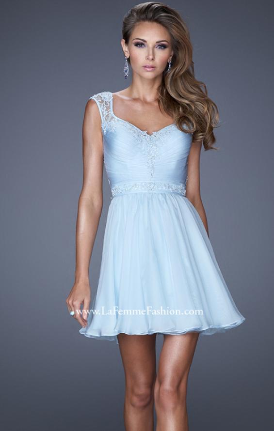 Picture of: Short Chiffon Prom Dress with Jeweled Lace Accents in Blue, Style: 20618, Back Picture