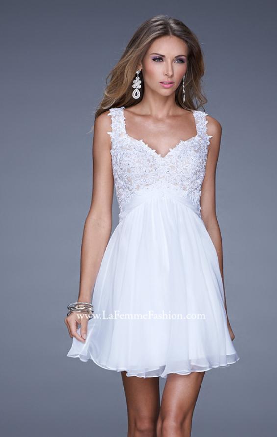 Picture of: Short Chiffon Prom Dress with Jeweled Lace Bodice in White, Style: 20631, Detail Picture 3