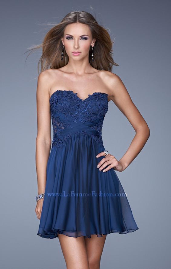 Picture of: Criss Cross Bodice Long Prom Dress with Lace in Blue, Style: 20632, Detail Picture 1