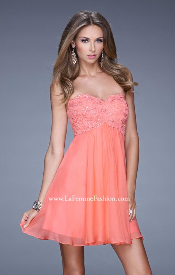 Picture of: Open Back Strapless Long Prom Gown with Lace Bodice in Orange, Style: 20633, Detail Picture 1