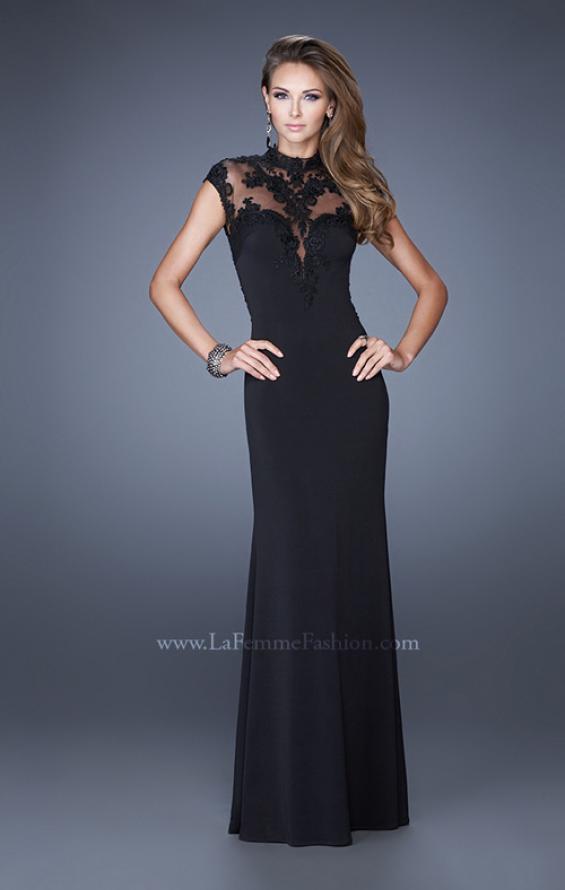 Picture of: High Neck and Cap Sleeve Jersey Prom Dress with Lace in Black, Style: 20650, Main Picture