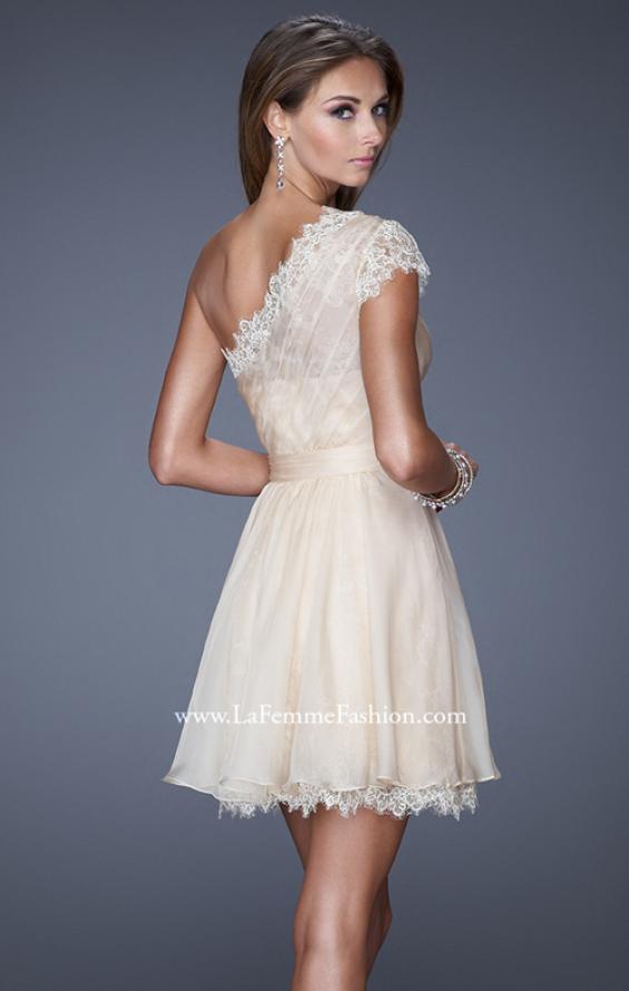 Picture of: One Strap Chiffon Cocktail Dress with Belt and Lace Trim in White, Style: 20663, Back Picture