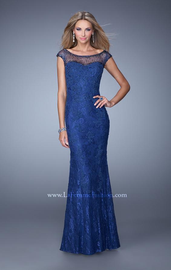 Picture of: Embellished Lace Evening Dress with Cap Sleeves in Blue, Style: 20673, Detail Picture 1