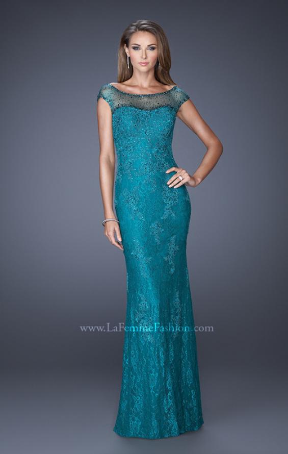 Picture of: Embellished Lace Evening Dress with Cap Sleeves in Blue, Style: 20673, Detail Picture 3