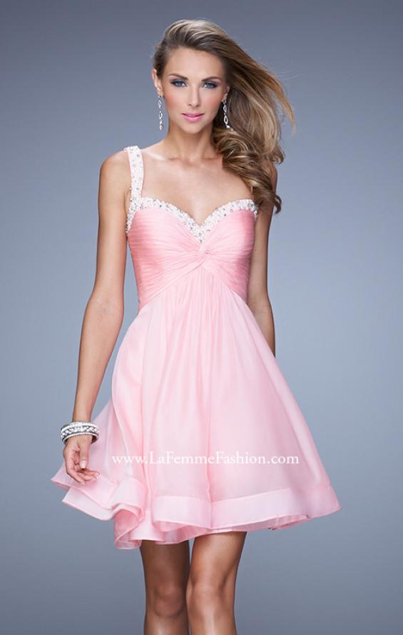 Picture of: Flirty Chiffon Skirt Cocktail Dress with Pearls and Stones in Pink, Style: 20677, Detail Picture 1