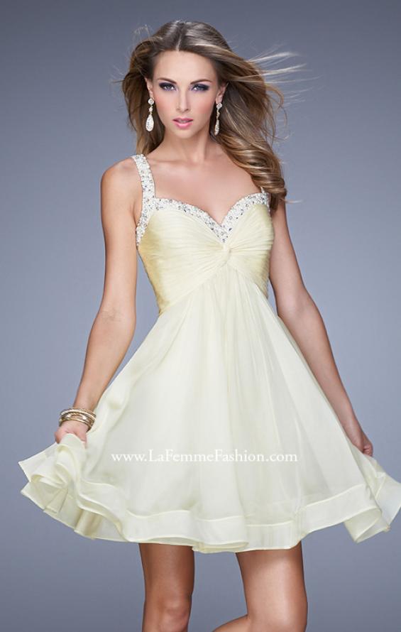 Picture of: Flirty Chiffon Skirt Cocktail Dress with Pearls and Stones in Yellow, Style: 20677, Detail Picture 3