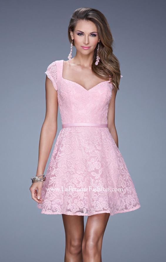 Picture of: Sheer Cap Sleeve Lace Cocktail Dress with Thin Belt in Pink, Style: 20699, Detail Picture 1