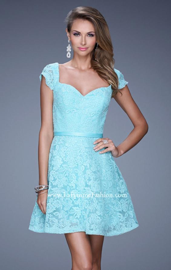 Picture of: Sheer Cap Sleeve Lace Cocktail Dress with Thin Belt in Aqua, Style: 20699, Detail Picture 2