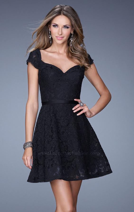 Picture of: Sheer Cap Sleeve Lace Cocktail Dress with Thin Belt in Black, Style: 20699, Detail Picture 3