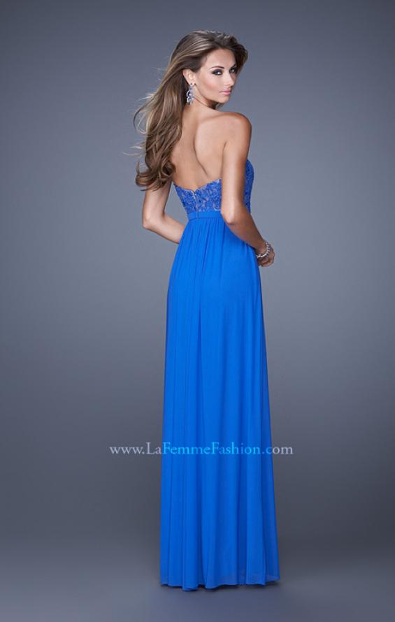 Picture of: Long Net Jersey Prom Dress with Lace Covered Bodice in Blue, Style: 20700, Back Picture