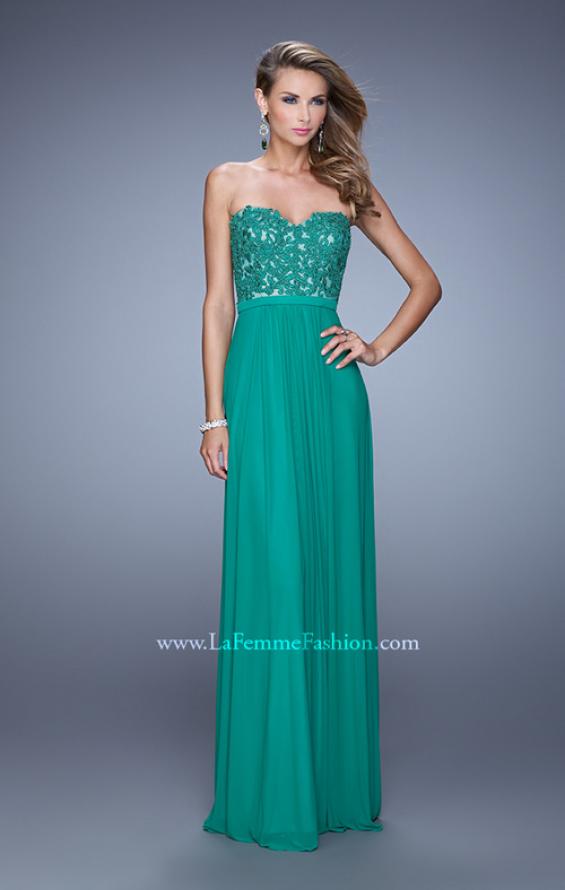 Picture of: Long Net Jersey Prom Dress with Lace Covered Bodice in Green, Style: 20700, Detail Picture 1