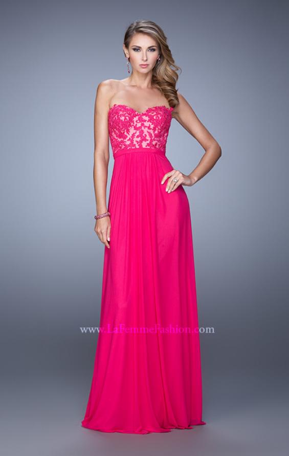 Picture of: Long Net Jersey Prom Dress with Lace Covered Bodice in Pink, Style: 20700, Detail Picture 2