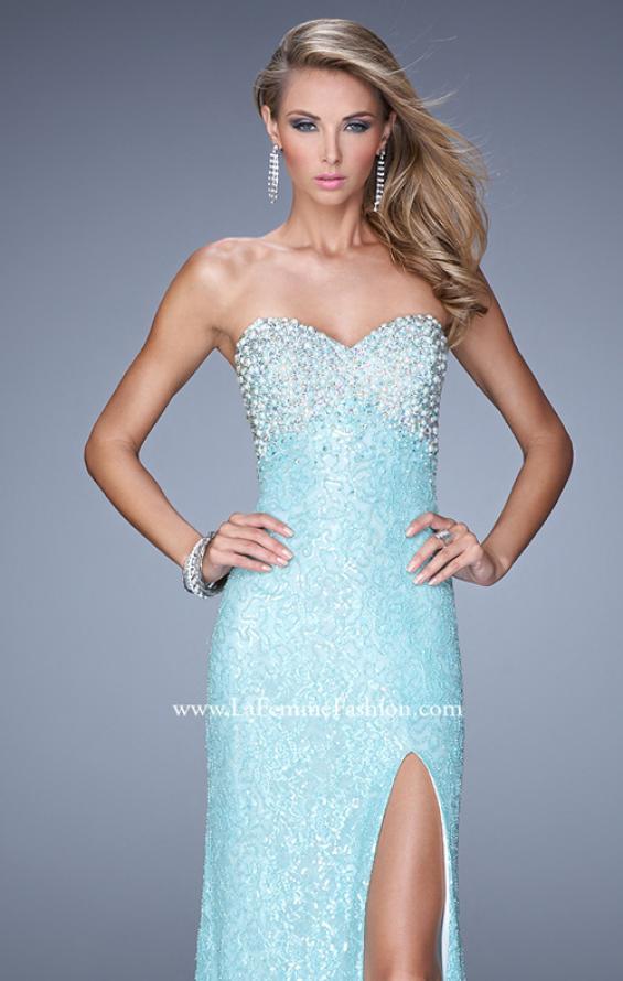 Picture of: Pearl Encrusted Beaded Lace Long Prom Gown in Aqua, Style: 20705, Detail Picture 1