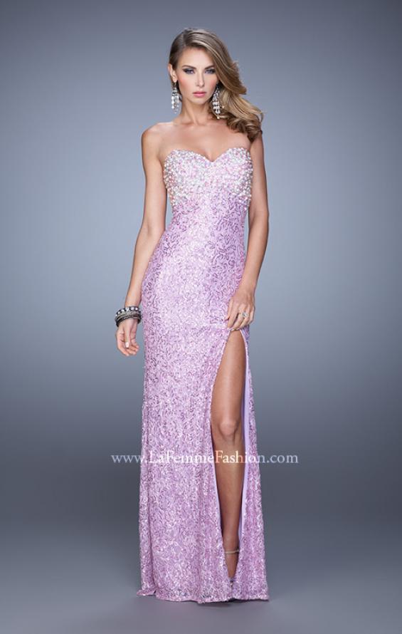 Picture of: Pearl Encrusted Beaded Lace Long Prom Gown in Purple, Style: 20705, Detail Picture 2