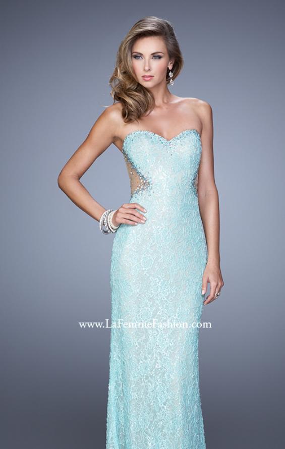 Picture of: Beaded Lace Gown with Illusion Net Detailing in Aqua, Style: 20720, Detail Picture 2
