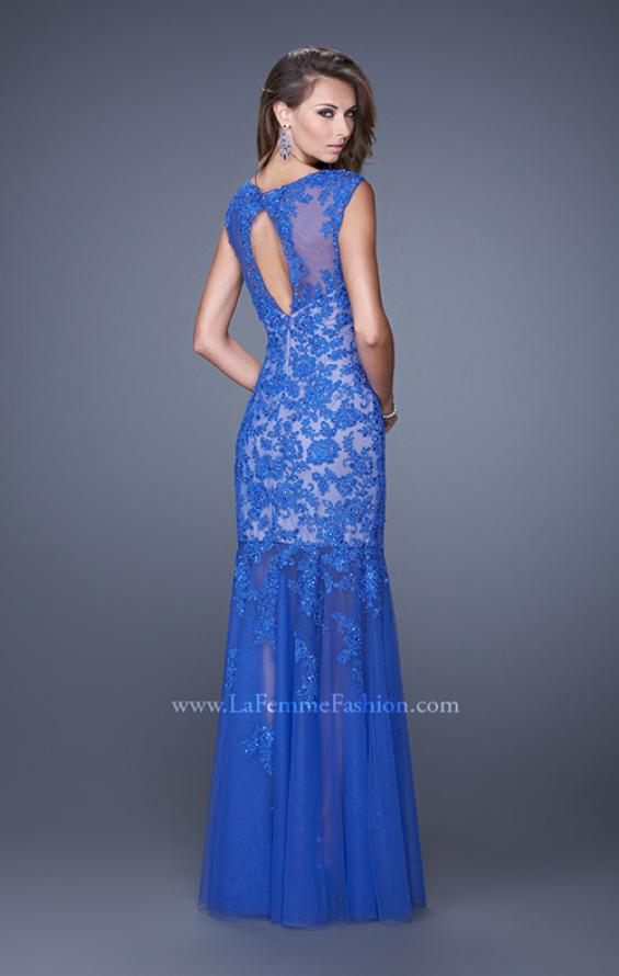 Picture of: Mermaid Gown with Sheer Neckline and Tulle Skirt in Blue, Style: 20722, Back Picture
