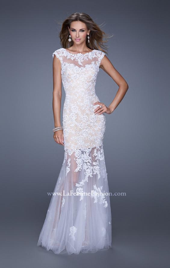 Picture of: Mermaid Gown with Sheer Neckline and Tulle Skirt in White, Style: 20722, Detail Picture 2