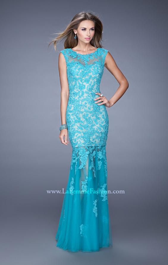 Picture of: Mermaid Gown with Sheer Neckline and Tulle Skirt in Aqua, Style: 20722, Detail Picture 3