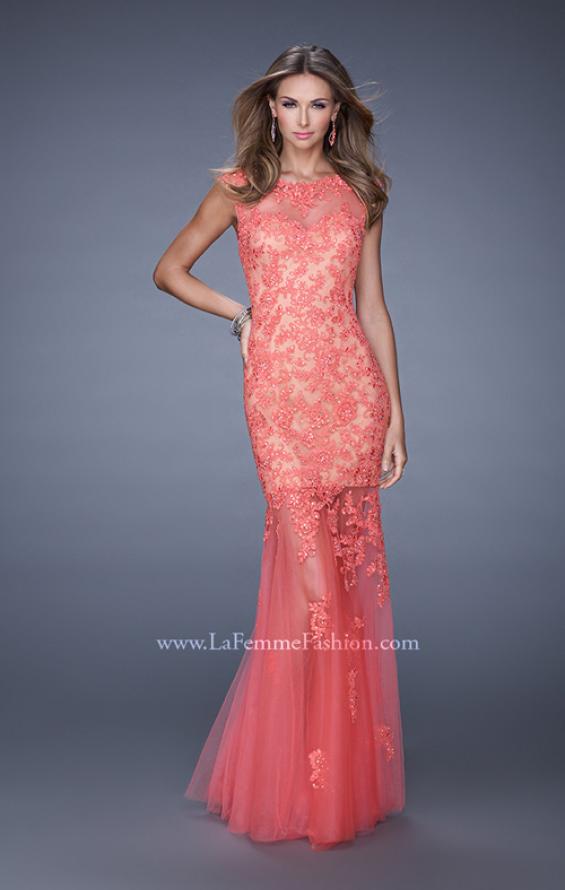 Picture of: Mermaid Gown with Sheer Neckline and Tulle Skirt in Coral, Style: 20722, Detail Picture 4